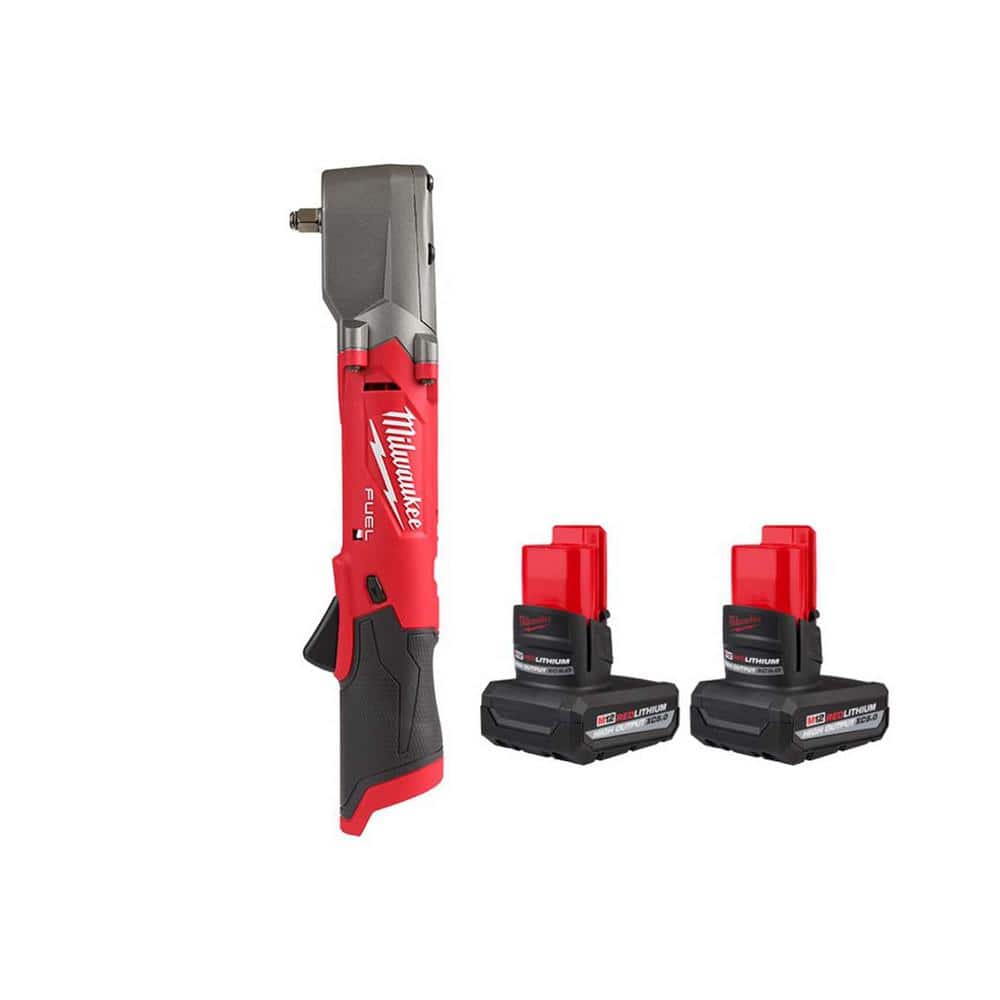 Milwaukee M12 FUEL 12V Lithium-Ion Brushless Cordless 3/8 in. Right Angle Impact Wrench w M12 XC High Output 5 Ah Battery (2-Pack) (1)
