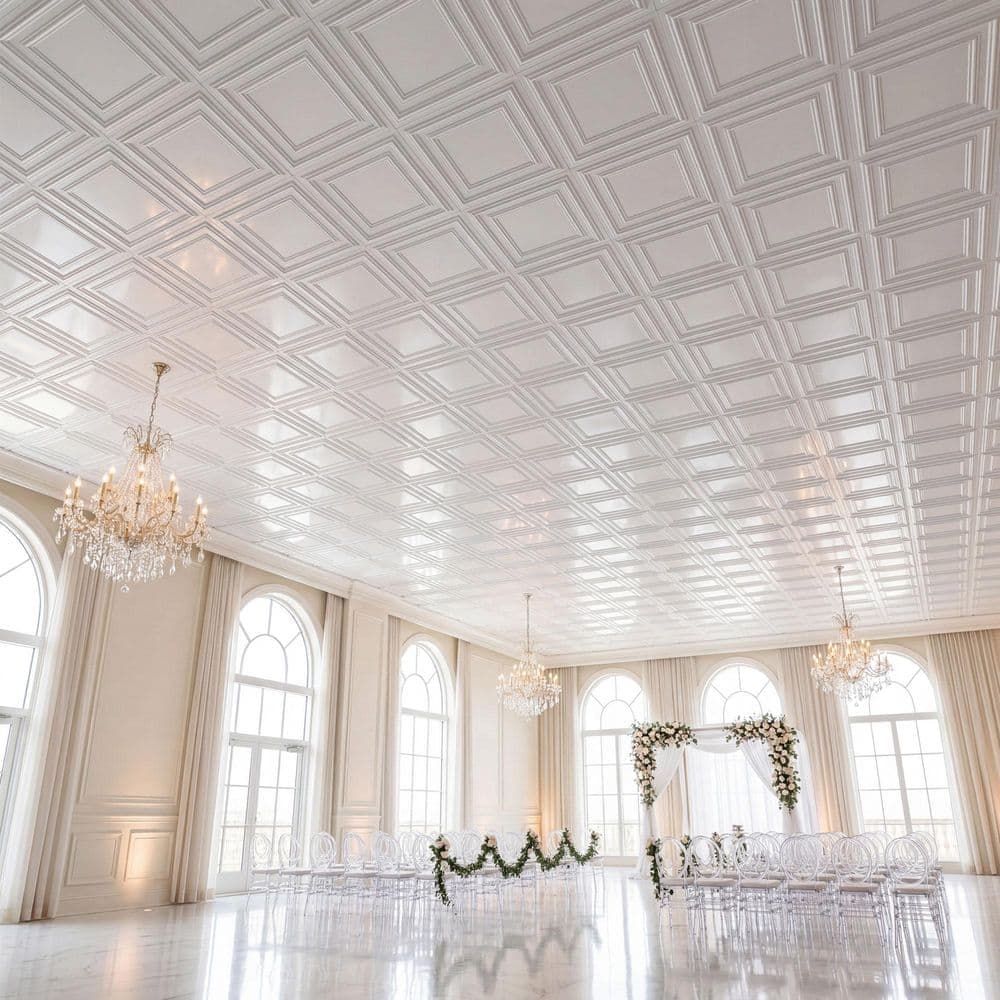 FROM PLAIN TO BEAUTIFUL IN HOURS Economy 2 ft. 2 ft. PVC Lay-in Faux Tin Ceiling Tile (200 sq. ft./case) (3)