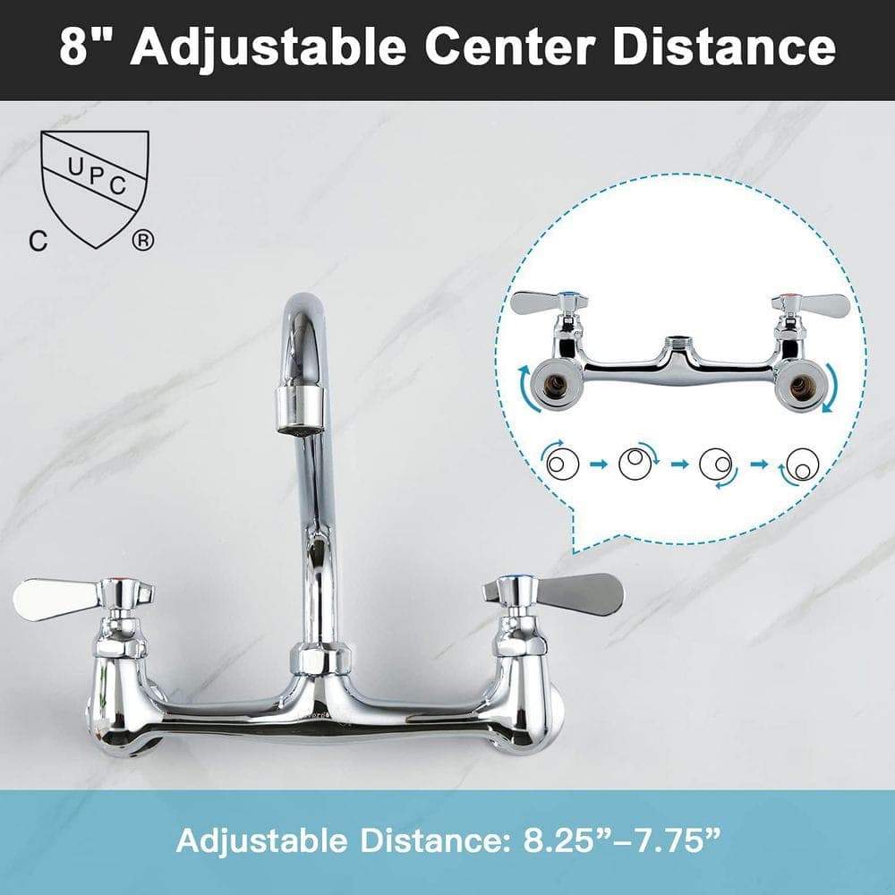 Anqtovp Wall Mount Kitchen Faucet 12 in Chrome 2 Handle Swivel Spout Utility Sink Laundry 7.87 in H x 8 in W x 12 in D (3)