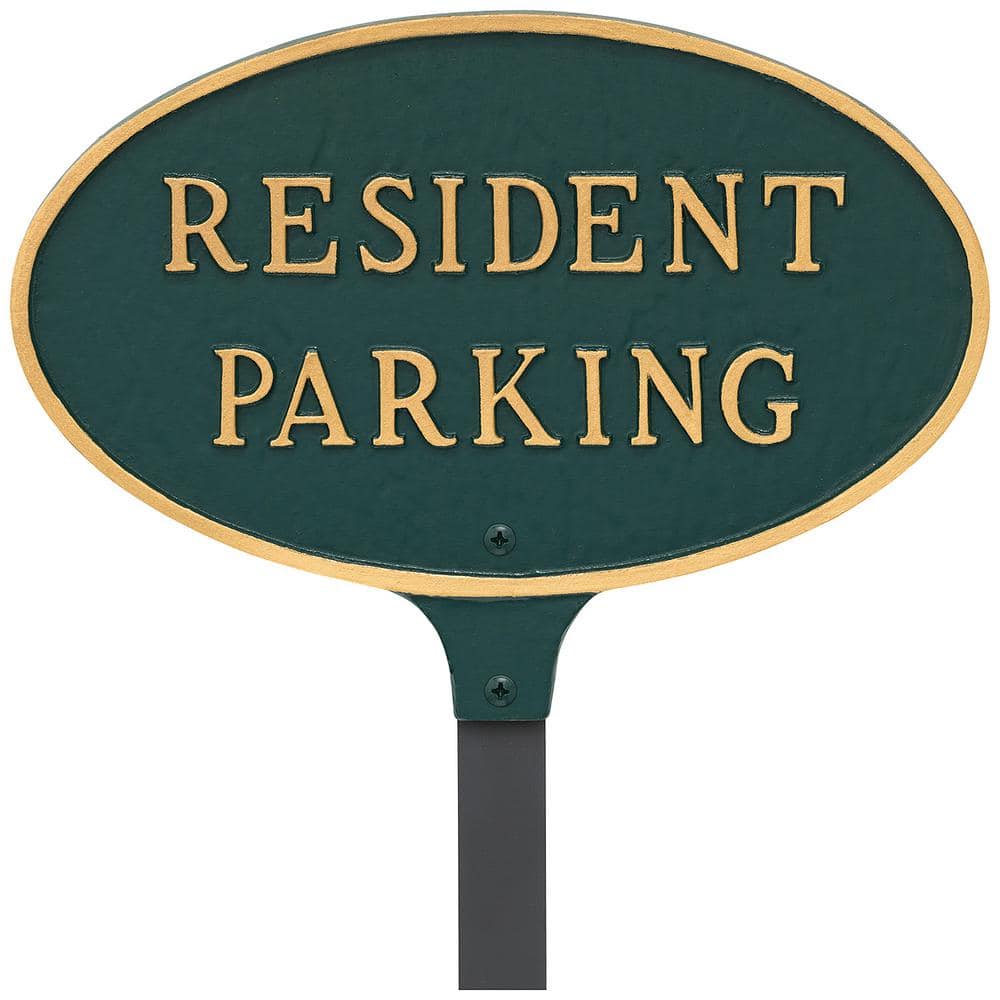 Montague Metal Products 8.5 in. x 13 in. Standard Oval Resident Parking Statement Plaque Sign with 23 in. Lawn Stake - Green/Gold (1)