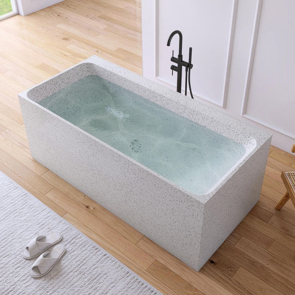 MEDUNJESS 63 in. x 30 in. Terrazzo Stone Solid Surface Flatbottom Freestanding Soaking Bathtub in White(Outdoor-Compatible) (2)