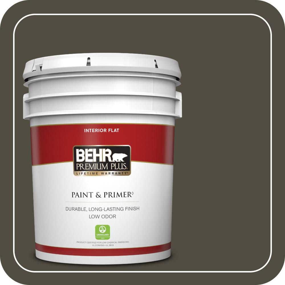 BEHR PREMIUM PLUS 5 gal. #S-H-760 Olive Leaf Flat Low Odor Interior Paint & Primer