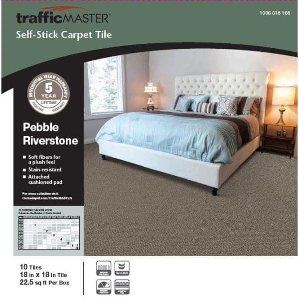 TrafficMaster Pebble-Riverstone-Brown Residential 18 x 18 in. Peel and Stick Carpet Tile Square (22.5 sq. ft. ) (3)