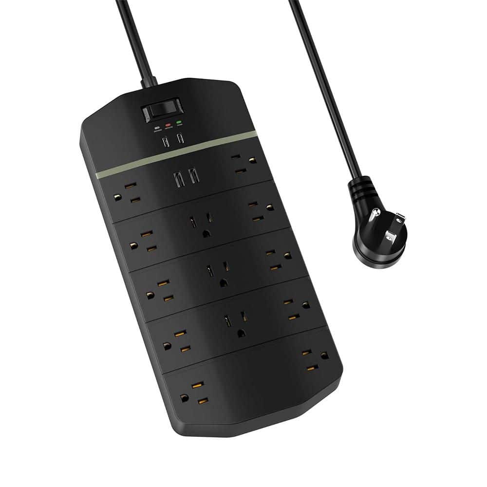 Lukyamzn 13-Outlet Power Strip Surge Protector with 2 USB-C PD 20W and 2 USB-A, 10 ft. Flat Plug Cord and Wall Mountable, Black (1)