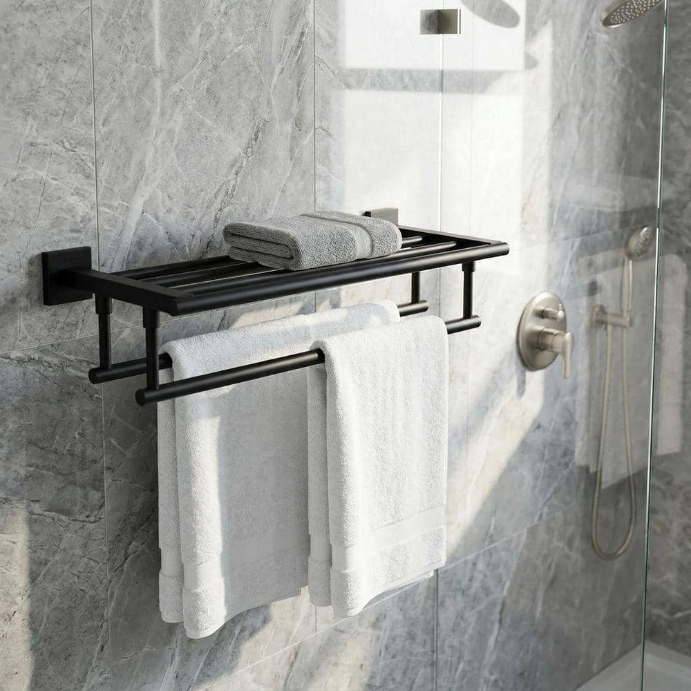 VEVETTA 20 in. Wall Mounted Stainless Steel Double Towel Rack, Towel Bar in Matte Black (2)