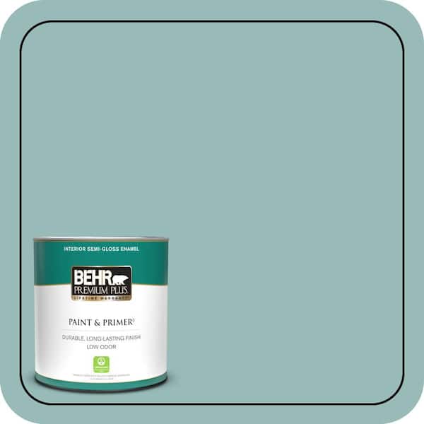 BEHR PREMIUM PLUS 1 qt. #PPU12-06 Lap Pool Blue Semi-Gloss Enamel Low Odor Interior Paint & Primer (2)