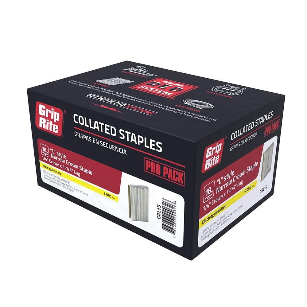 Grip-Rite 1/4 in. x 1-1/4 in. 18-Gauge Adhesive Collated Electrogalvanized L-Style Narrow Crown Finishing Staples 5000 per Box (2)