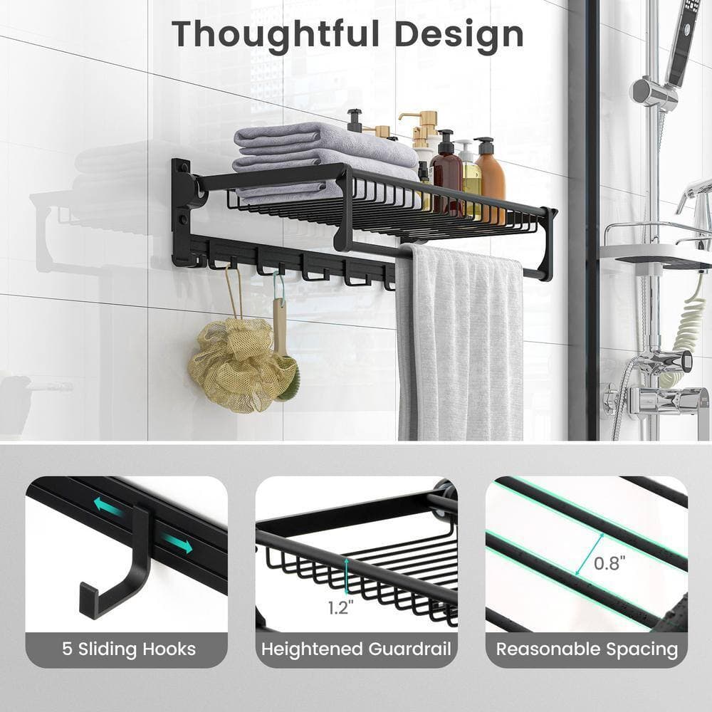 Unbranded 8-Towel Holders Black Wall Mounted Towel Rack with Adjustable Towel Bar and Movable Hooks (2)