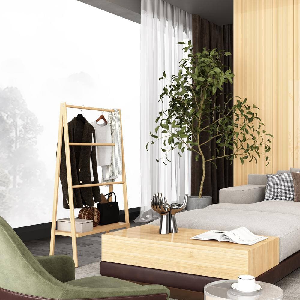 FUNKOL 30.16 in. W x 12.01 in. D x 51.69 in . H 4-Tier Freestanding Towel Bar Bamboo Ladder Towel Rack in Natural with Shelf (3)