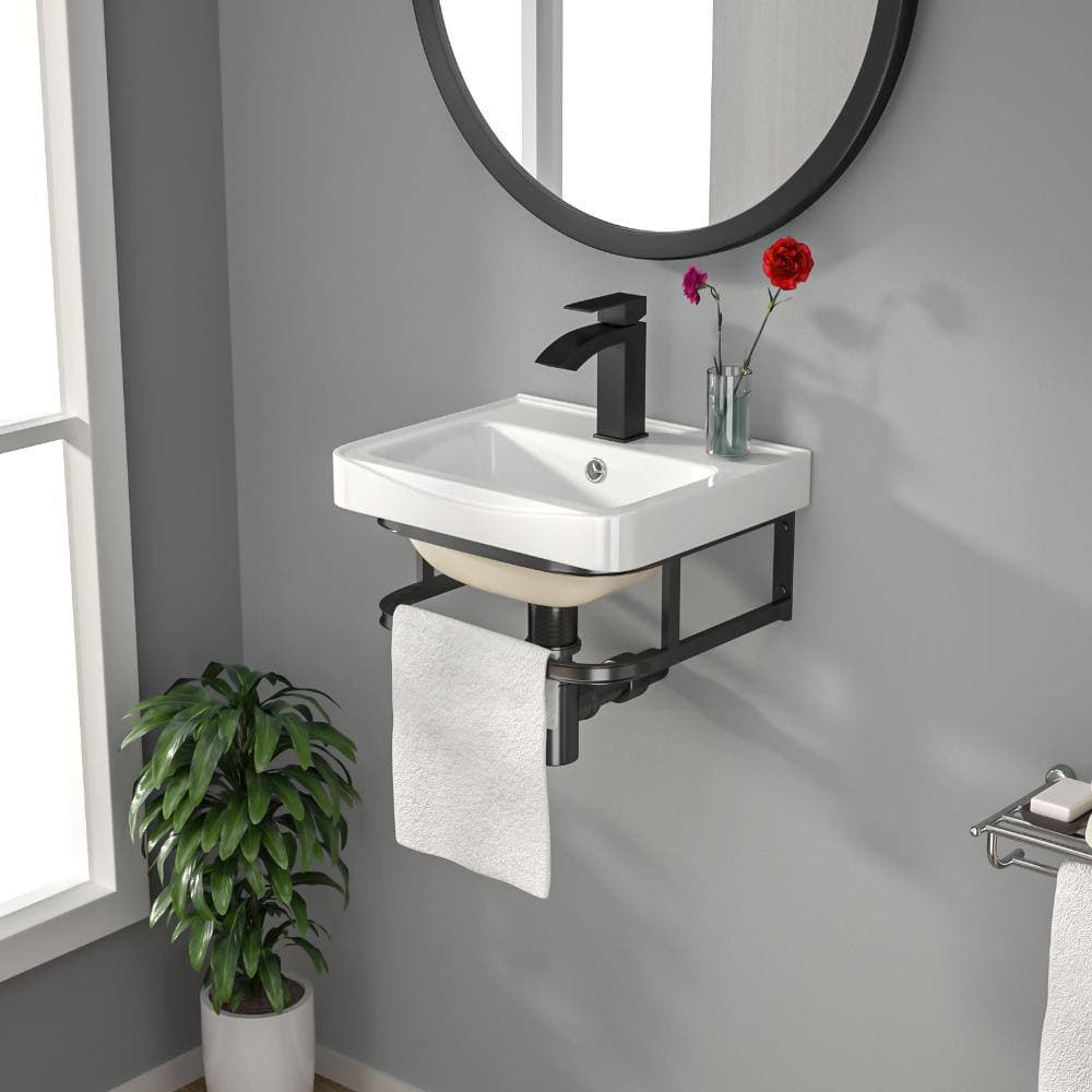 Kichae 17 in. x 14 in. Wall Mount Rectangular White Ceramic Bathroom Sink with Black Bracket Faucet Hole and Overflow (3)