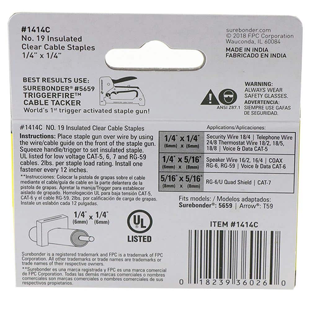 Surebonder 1/4 in. Leg x 1/4 in. 20-Gauge Clear Insulated Cable Staples (300-Per Box) (3)