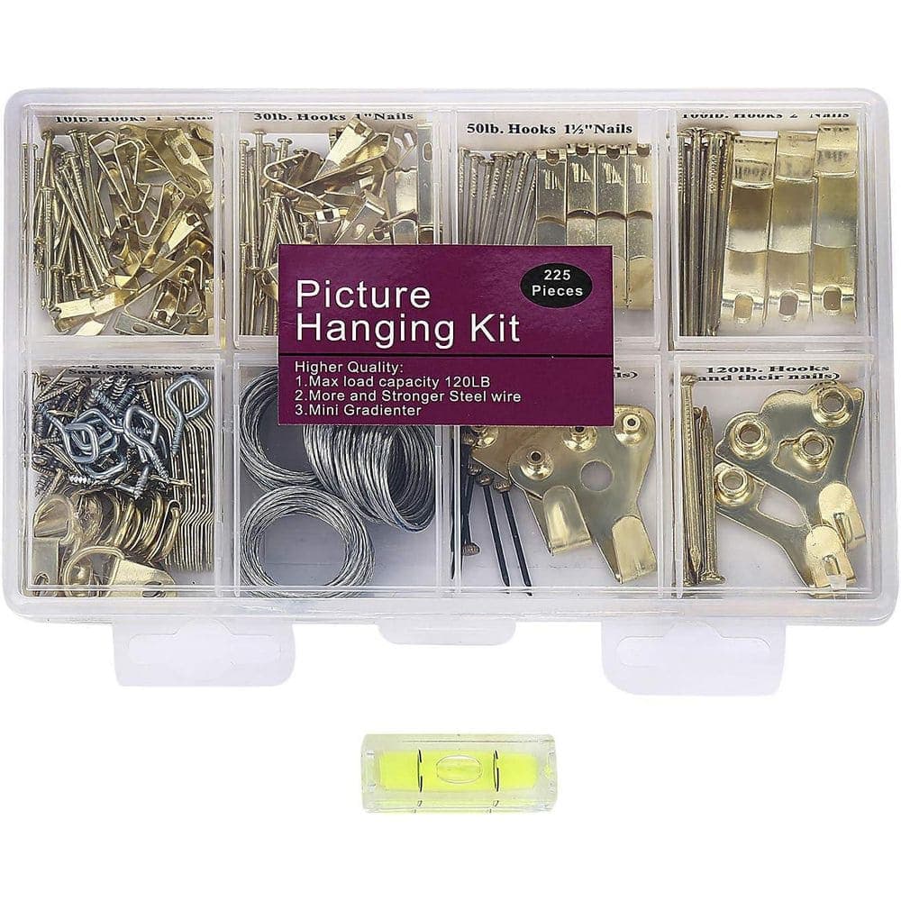 Adrinfly Heavy Duty Picture Hanging Kit 225-Pieces Frame Hook, Nails Wire Screw Eyes D Ring Sawtooth Wall Mounting Assorted Color (1)