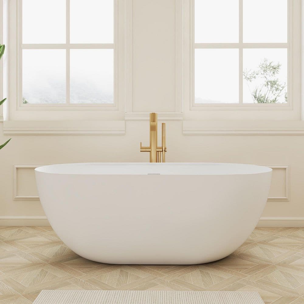 SJ STAR&JANE Verna 59 in. x 30 in. Stone Resin Freestanding Soaking Bathtub in White (2)