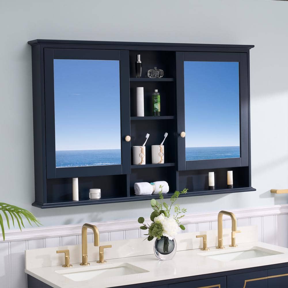 WELLFOR 55 in. W 35 in. H Wood Surface Mount Medicine Cabinet with Mirror and Shelves,2 Soft Close Doors