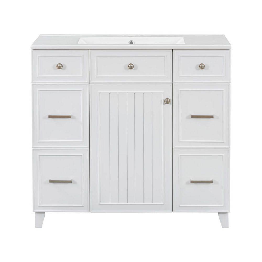 Xuanlur 36 in. Wood Bathroom Vanity, Ceramics Sink Top Combo Set White Single Sink, Shaker Cabinet with Soft Closing