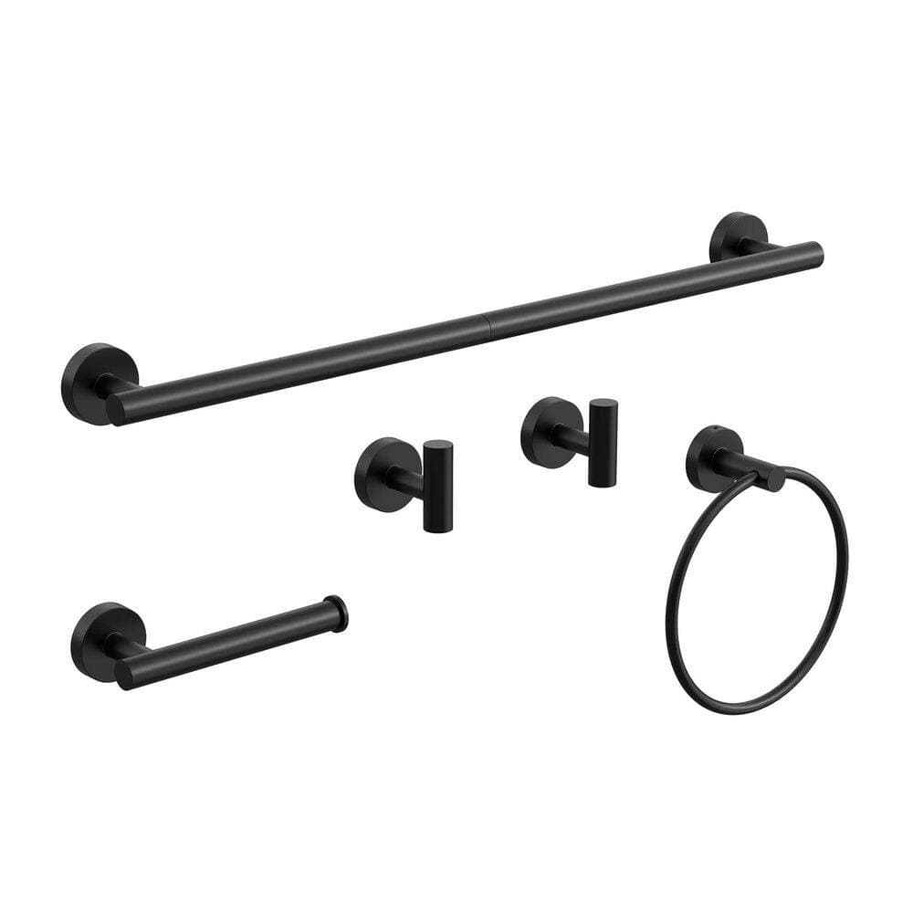 Anqtovp 5-Piece Bathroom Hardware Set with Towel Rack, Towel Ring, Toilet Paper Holder, 2-Hooks in Matte Black (1)