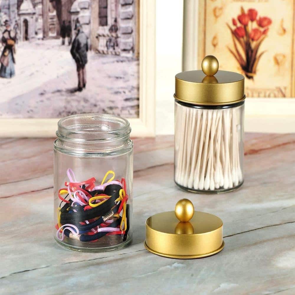 Unbranded 6-Pack Clear Glass Apothecary Jars with Gold Stainless Steel Lids for Cotton Swabs and Q-Tips Storage (3)
