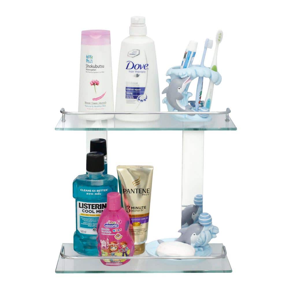 MODONA 13.75 in. x 13.5 in. x 5 in. Double Glass Wall Shelf with Pre-Installed Rails in Polished Chrome (2)