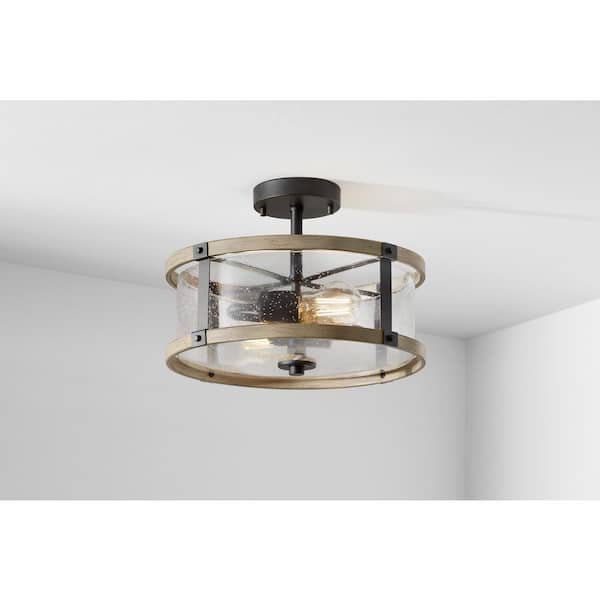 Hampton Bay Richland 2-Light Grey Wood Semi Flush Mount Clear Seedy Glass