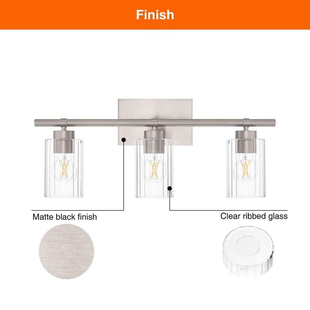 Hampton Bay Breward 24 in. 3-Light Brushed Nickel Bathroom Vanity Light with Clear Ribbed Glass (3)