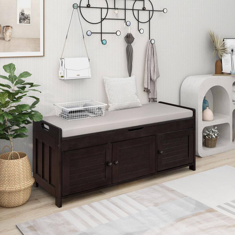Unbranded 43.5 in. W 16 in. D 18 in. H Brown Storage Bench Linen Cabinet with 3-Doors and Adjustable Shelf (2)