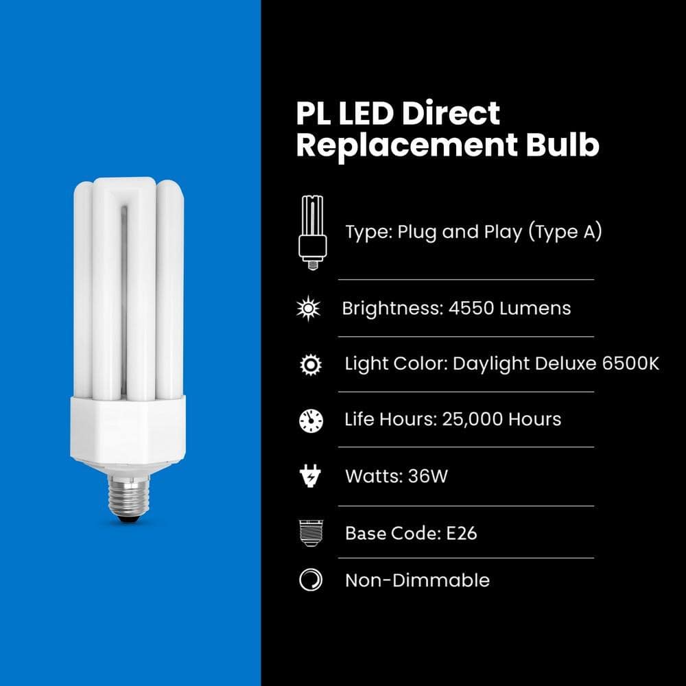 Feit Electric 65-Watt Equivalent Quad Tube PL E26 Base with Mogul Base Adapter Non-Di mmable LED Light Bulb, Daylight 6500K (4)
