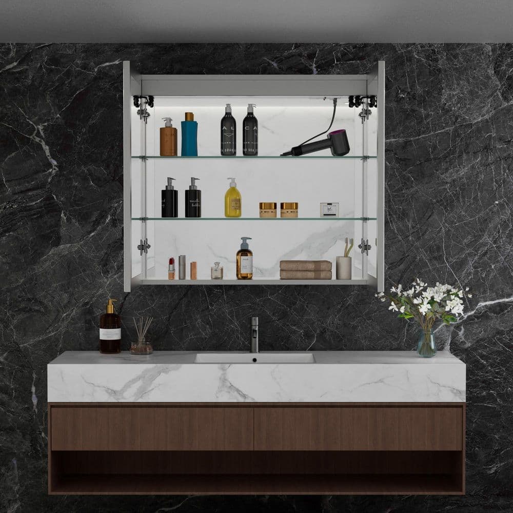 HBEZON 48 in. W x 32 in. H Rectangular Aluminum Medicine Cabinet with Mirror, Dimmable Light, Anti-Fog, Adjustable Shelves (2)