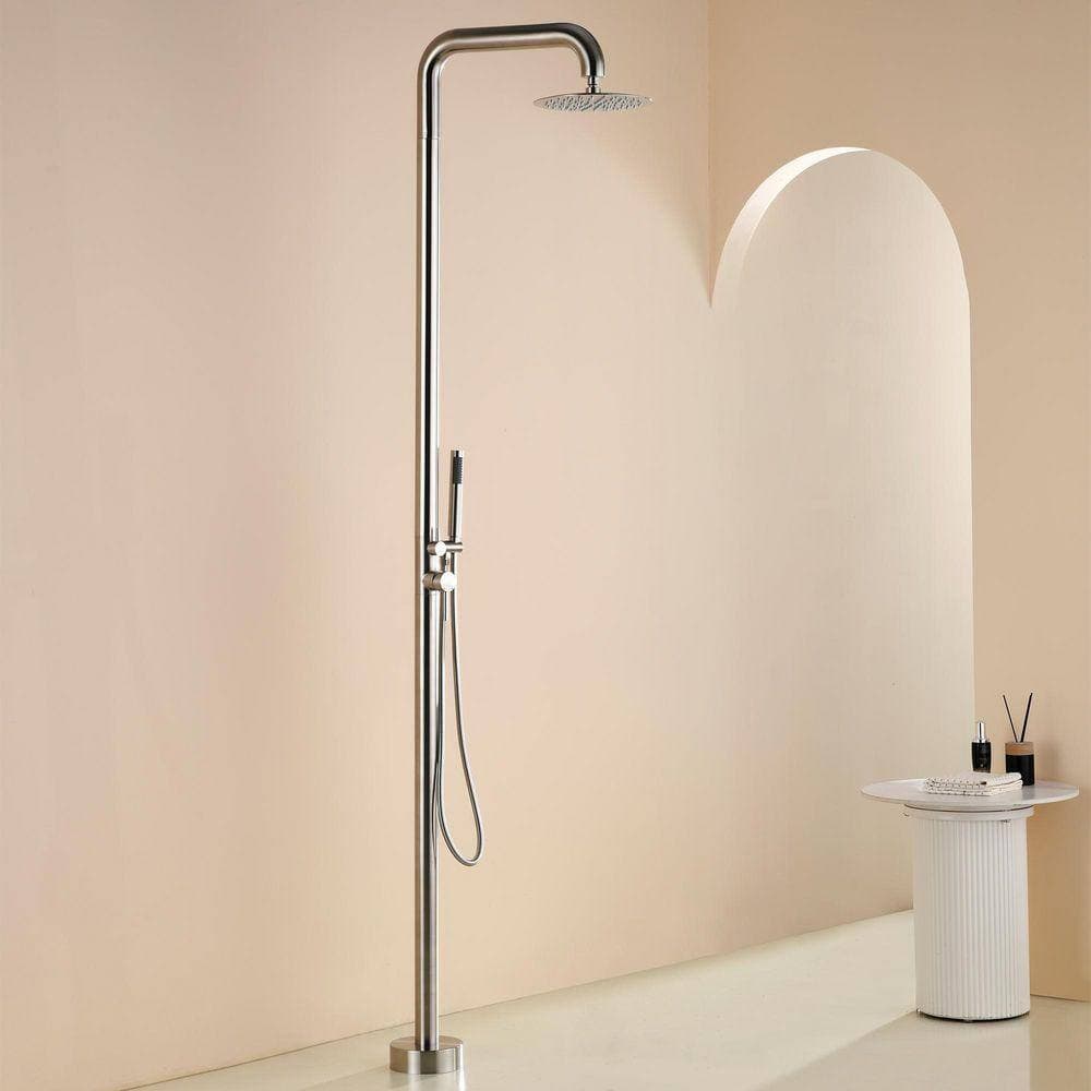 Tomfaucet 2-Handle 2-Spray Outdoor Freestanding Shower Faucet Kit 1.8 GPM Floor Mount Shower Kit w/ Hand Shower in Nickel (2)