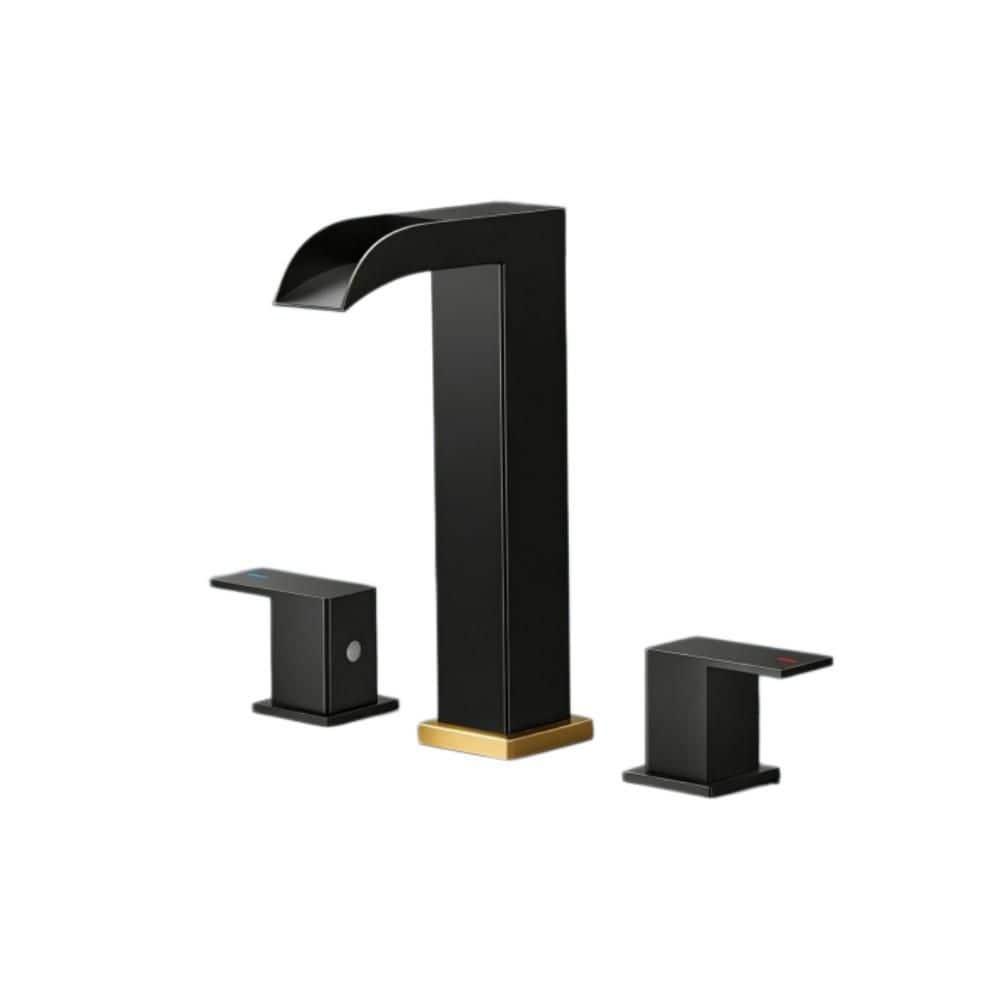 Numhew 8 in. Square Waterfall Bathroom Faucets 3 Hole with Metal Drain, Supply Lines and Handles, Widespread, Matte Black (1)