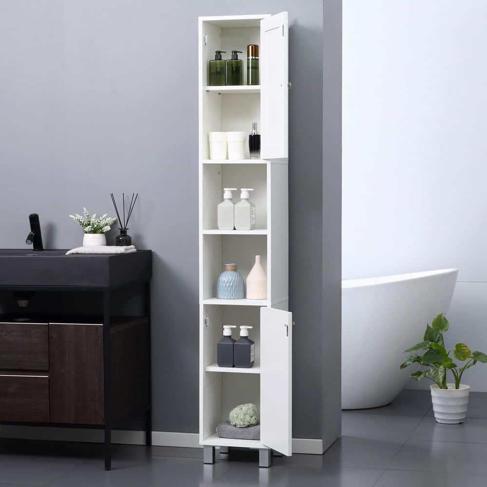Tatahance 11.75 in. W x 11 in. D x 70.75 in. H White Wood Freestanding Slim Linen Cabinet with Adjustable Shelves, Mirror Door (1)