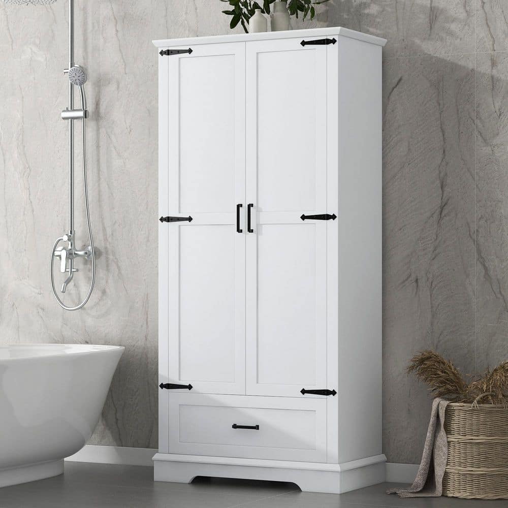 Coporesell 31 in. W x 16 in. D x 69 in. H White MDF Linen Cabinet w/2-Doors and 1-Drawer in White (1)