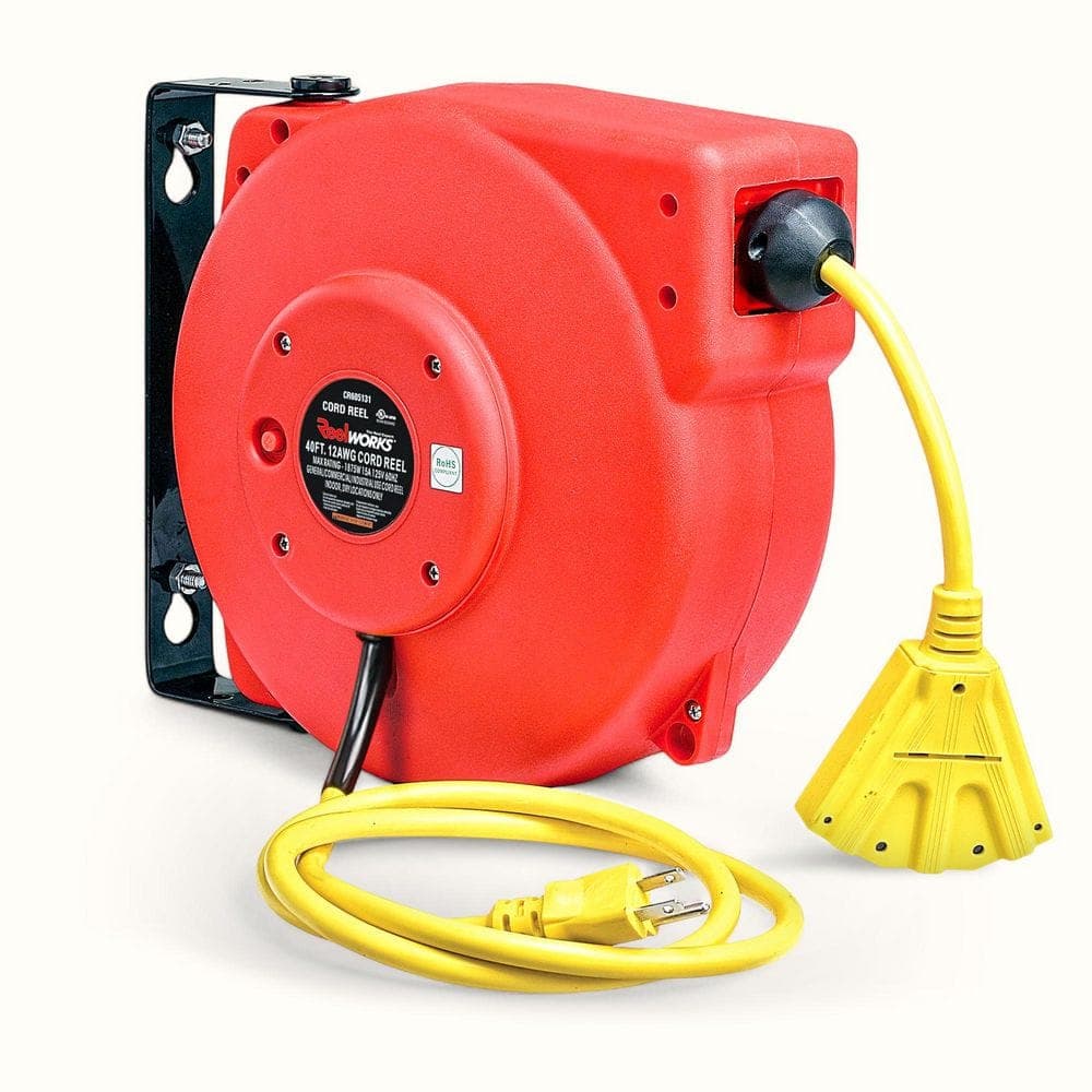 REELWORKS 40 ft. 12/3 15 Amp Retractable Extension Cord Reel with 3-Grounded Outlets and Tri-Tap End