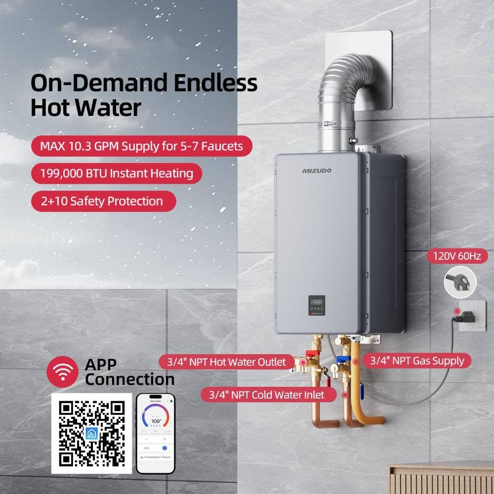 MIZUDO Propane Gas Instant Hot Tankless Water Heater 199000 BTU, Max 10.3 GPM, Indoor 120V Wi-Fi Enabled, CSA Certified, Gray (2)