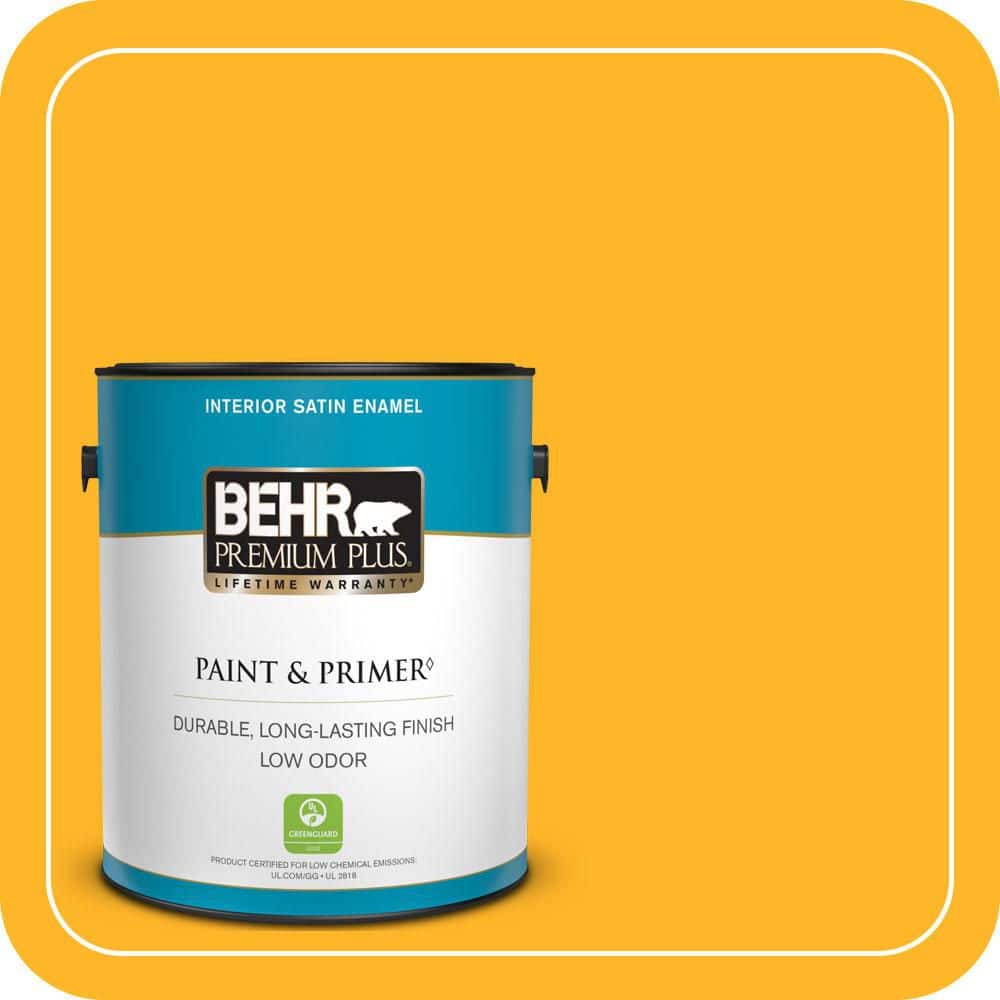 BEHR PREMIUM PLUS 1 gal. #P260-7 Extreme Yellow Satin Enamel Low Odor Interior Paint & Primer