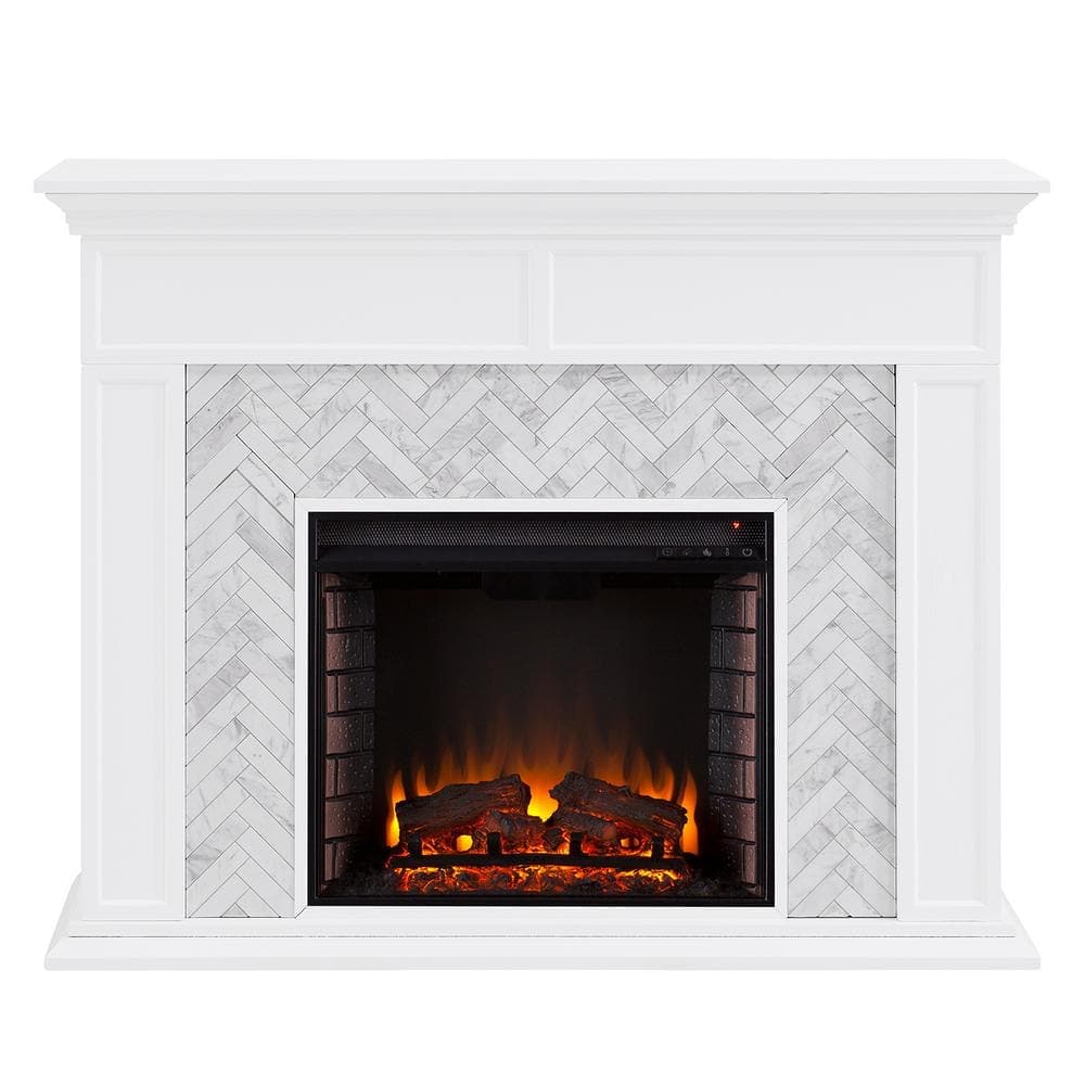 Southern Enterprises Doris Marble Tiled 50 in. Electric Fireplace in White and Gray