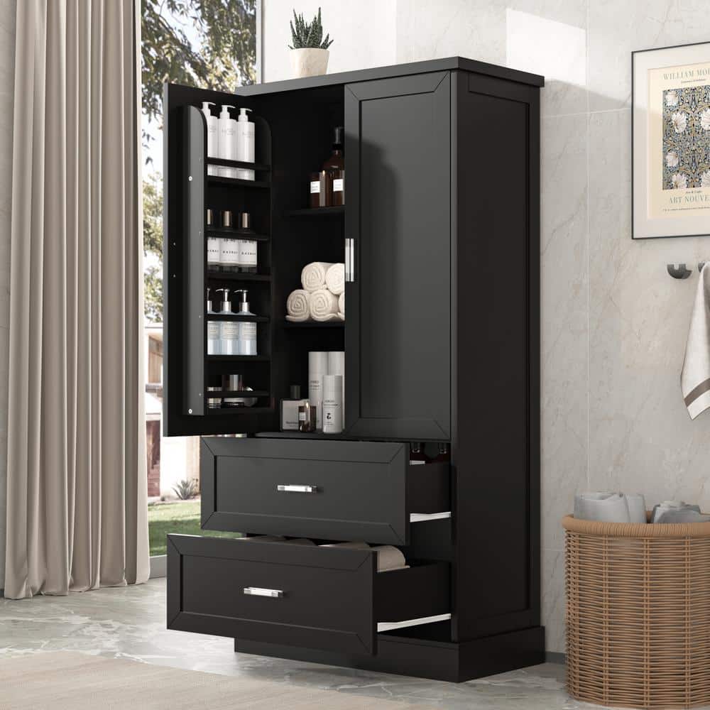 Unbranded 31.3 in. W x 16 in. D x 64 in. H Black MDF Bathroom Linen Cabinet with 2-Doors and Drawers, Adjustable Shelf (2)