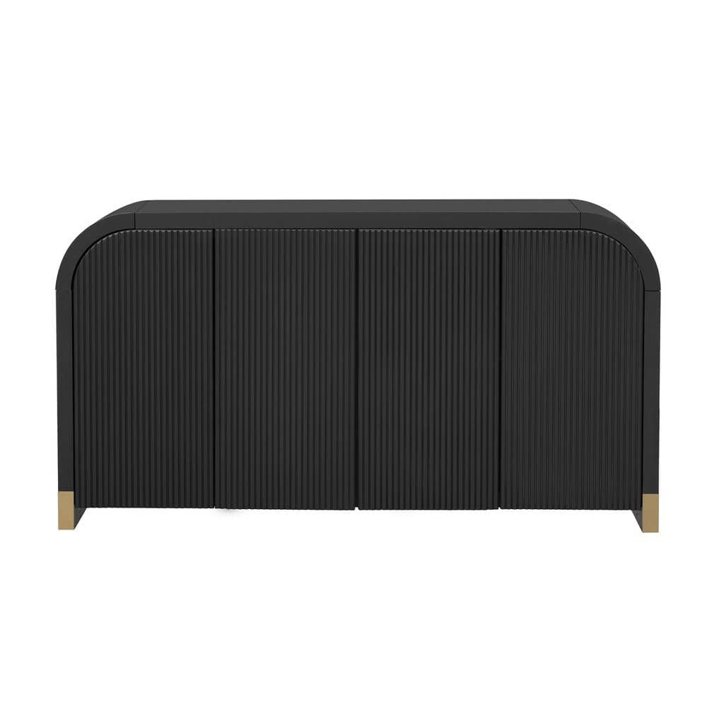 Unbranded 59.8 in. W x 15.7 in. D x 32.9 in. H Black Linen Cabinet with 4-Door Curved Corner Design Wavy Door, Adjustable Shelves