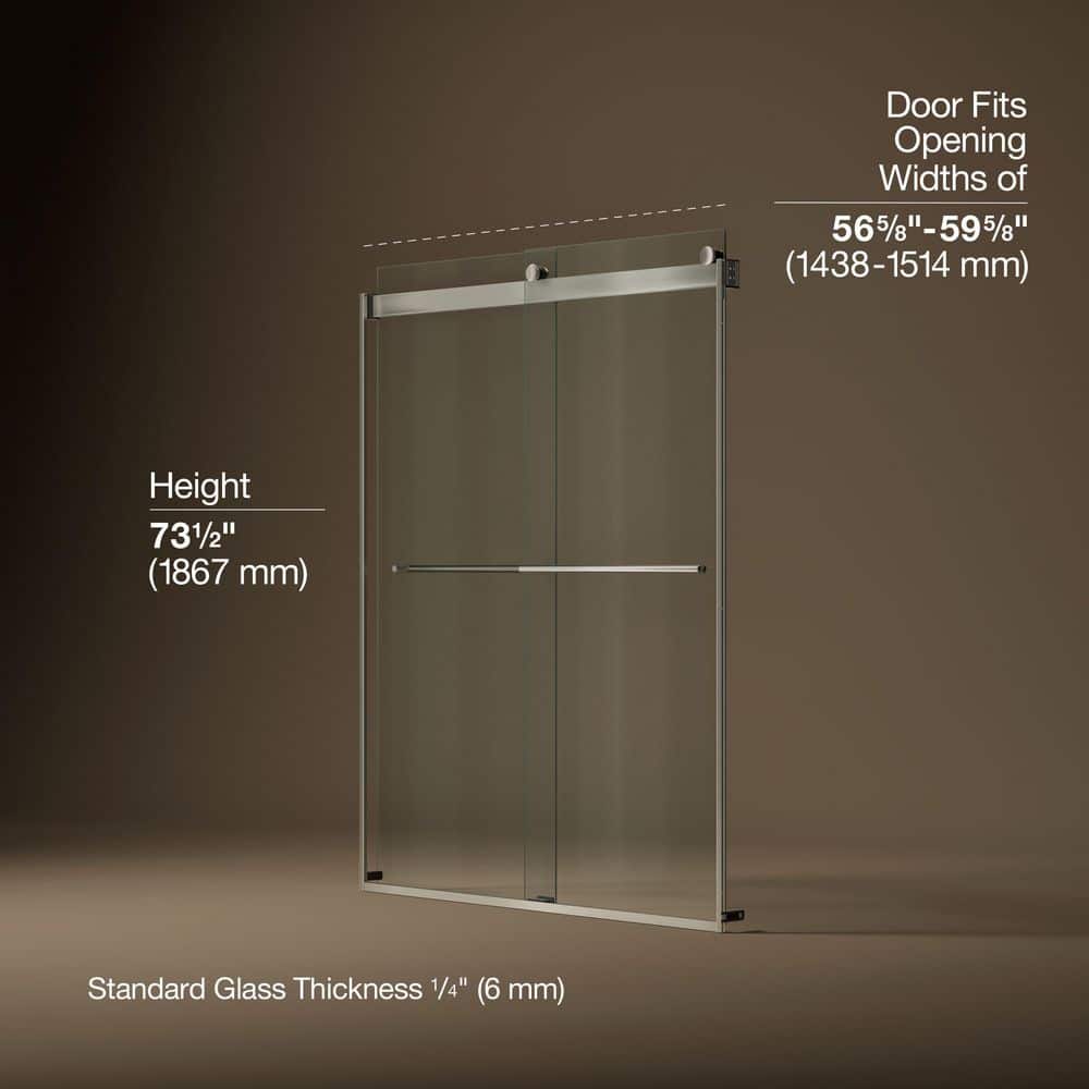 KOHLER Claro 57-60 in. W x 74 in. H Frameless Sliding Shower Door in Brushed Nickel with 1/4 in. Thick Clear Tempered Glass (4)