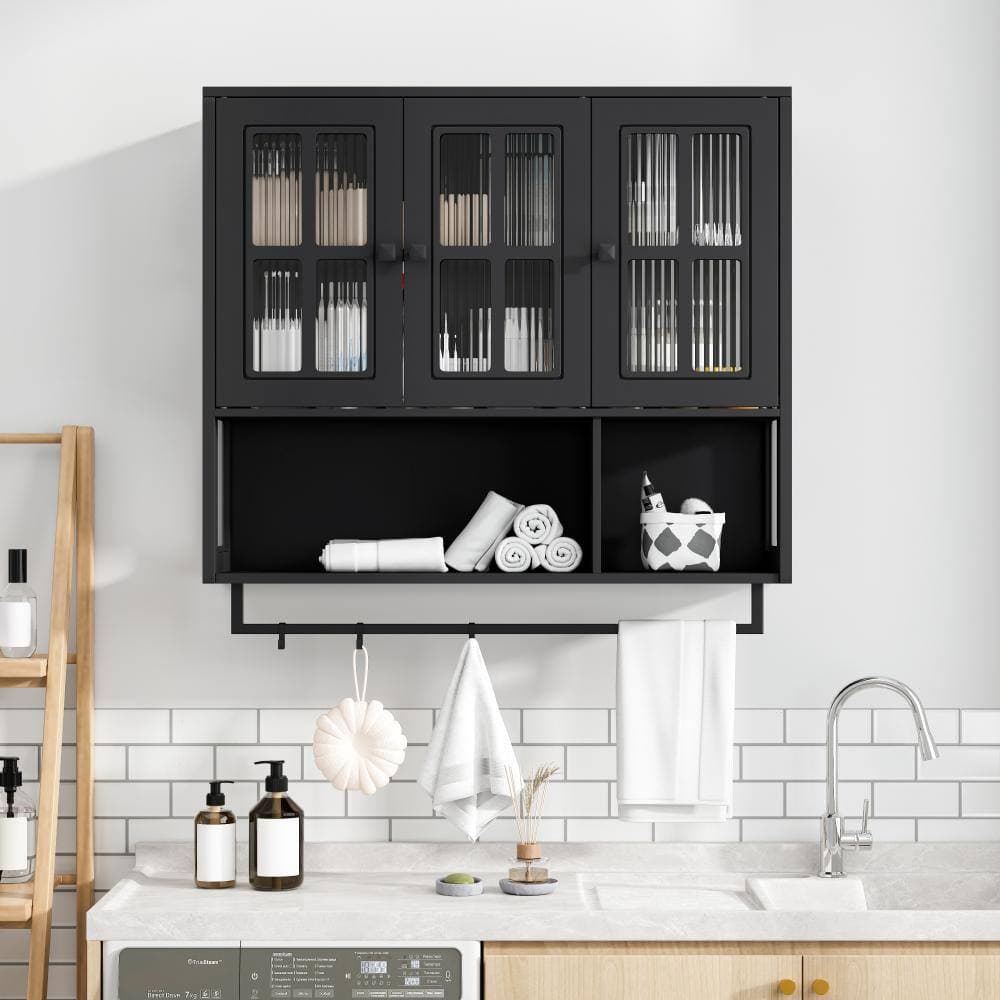 YSQCAR 34.65 in. W x 10.24 in. D x 32.48 in. H Bathroom Storage Wall Cabinet in Black with Glass Door and Towel Bar (2)