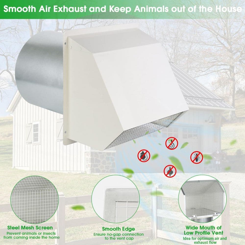 Helhom 6 in. White Hooded Wall Exhaust Vent with Screen and Damper, Galvanized Steel, 1-Pack (3)