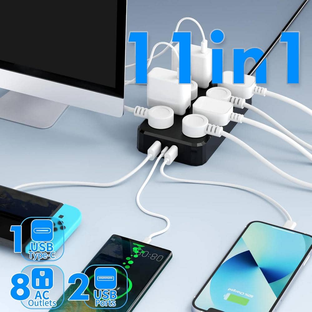 Ahfiwaso 6FT IPX6 Waterproof Surge Protector Power Strip Outdoor Extension Cord with 8 Wide-Spaced Outlets and 3 USB Ports Black (2)