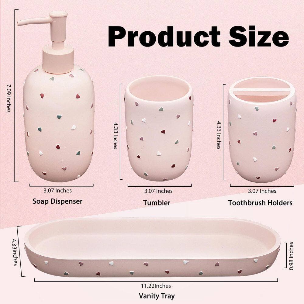 Wudkey 4-Piece Bath Accessory Set, Premium Pastel Heart Bathroom Accessory Complete Set in Pink (2)