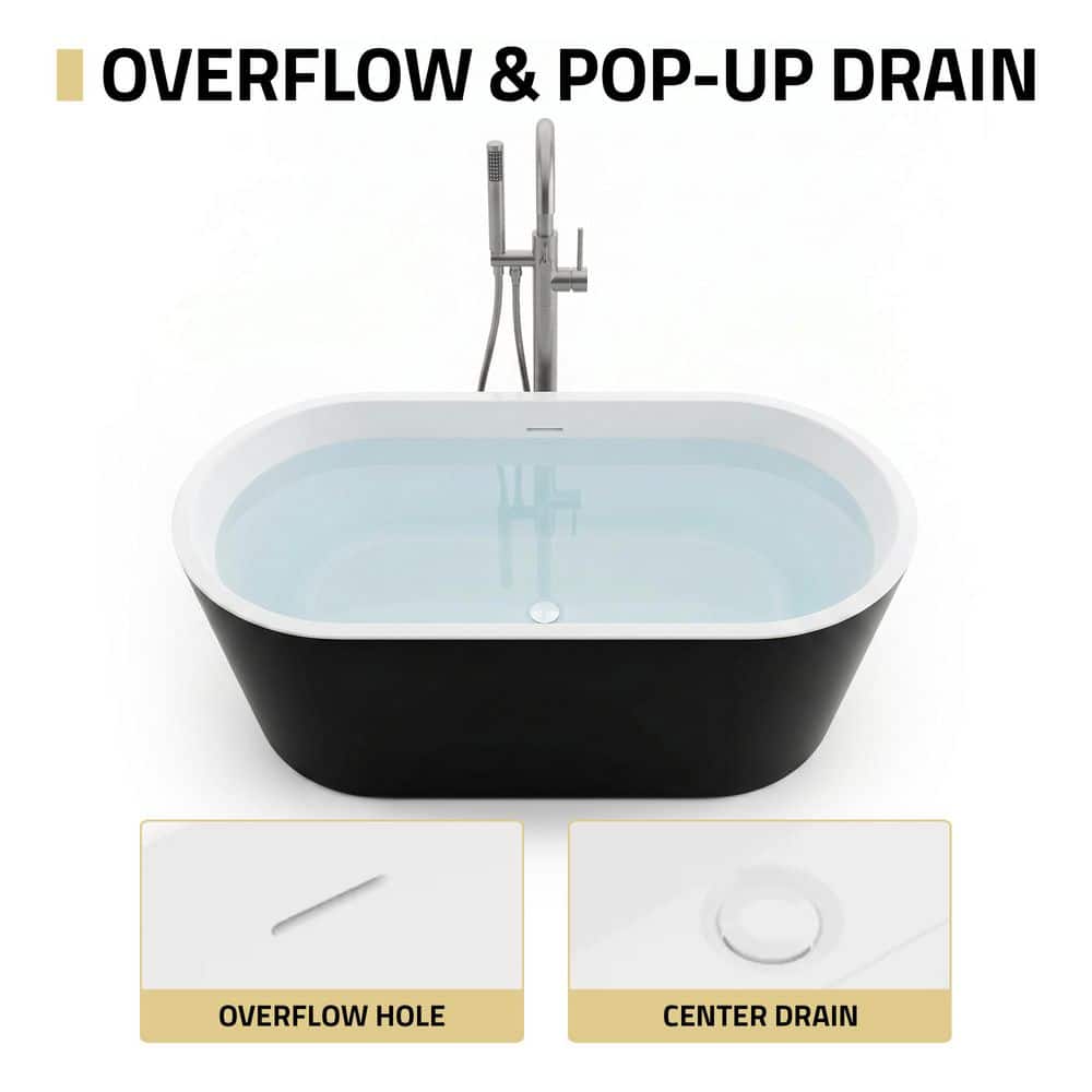 ANZZI Chand 59 in. x 30 in. Flat Bottom Freestanding Soaking Bathtub in Black With 2-Handle Nickel Freestanding Tub Faucet (3)