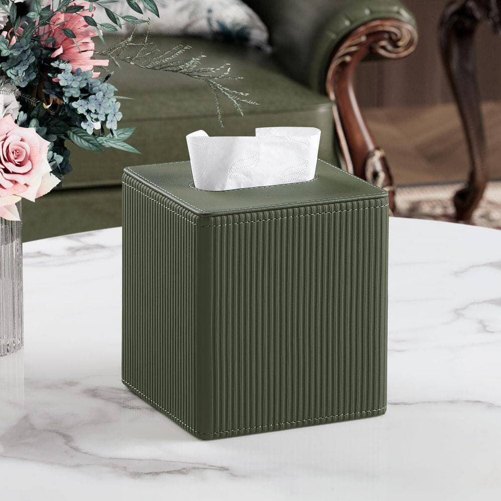 Numhew Tissue Box Cover Square with Magnetic Closure, PU Leather Tissue Box Holder for Bathroom, Green (2)