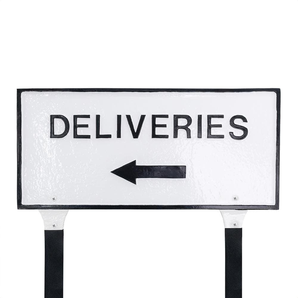 Montague Metal Products 10" x 21" Deliveries with Left Arrow Large Rectangle Statement Plaque with Lawn Stakes - White/Black