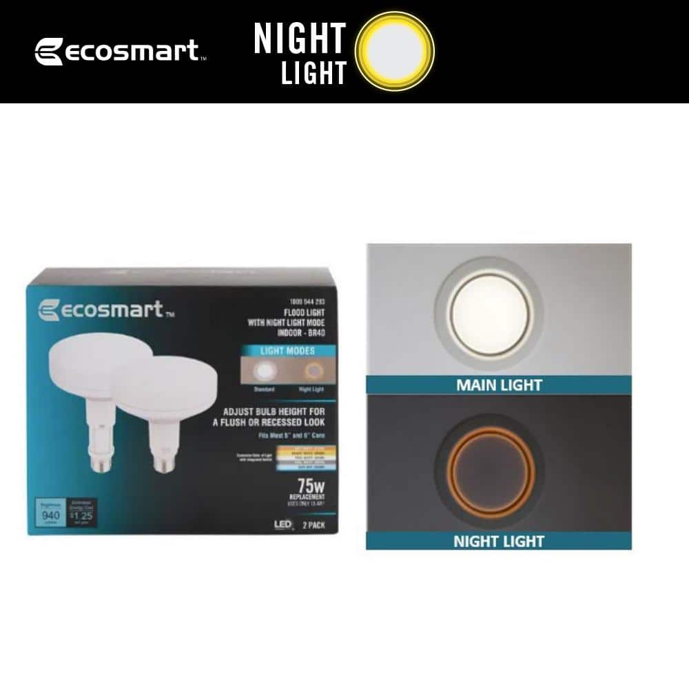 EcoSmart 75-Watt Equivalent BR40 Adjustable White Dimmable Indoor Flood LED Light Bulb Adjustable Base and Night Light (2-Pack) (1)
