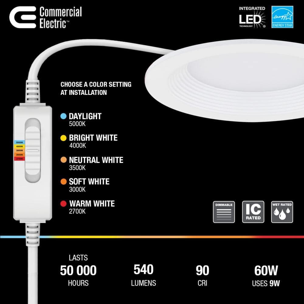 Commercial Electric 4-Pk 4 in. Premium Series Adjustable CCT 2-Level Lumen Dimmable Integrated LED Baffle Canless Recessed Light,White (3)