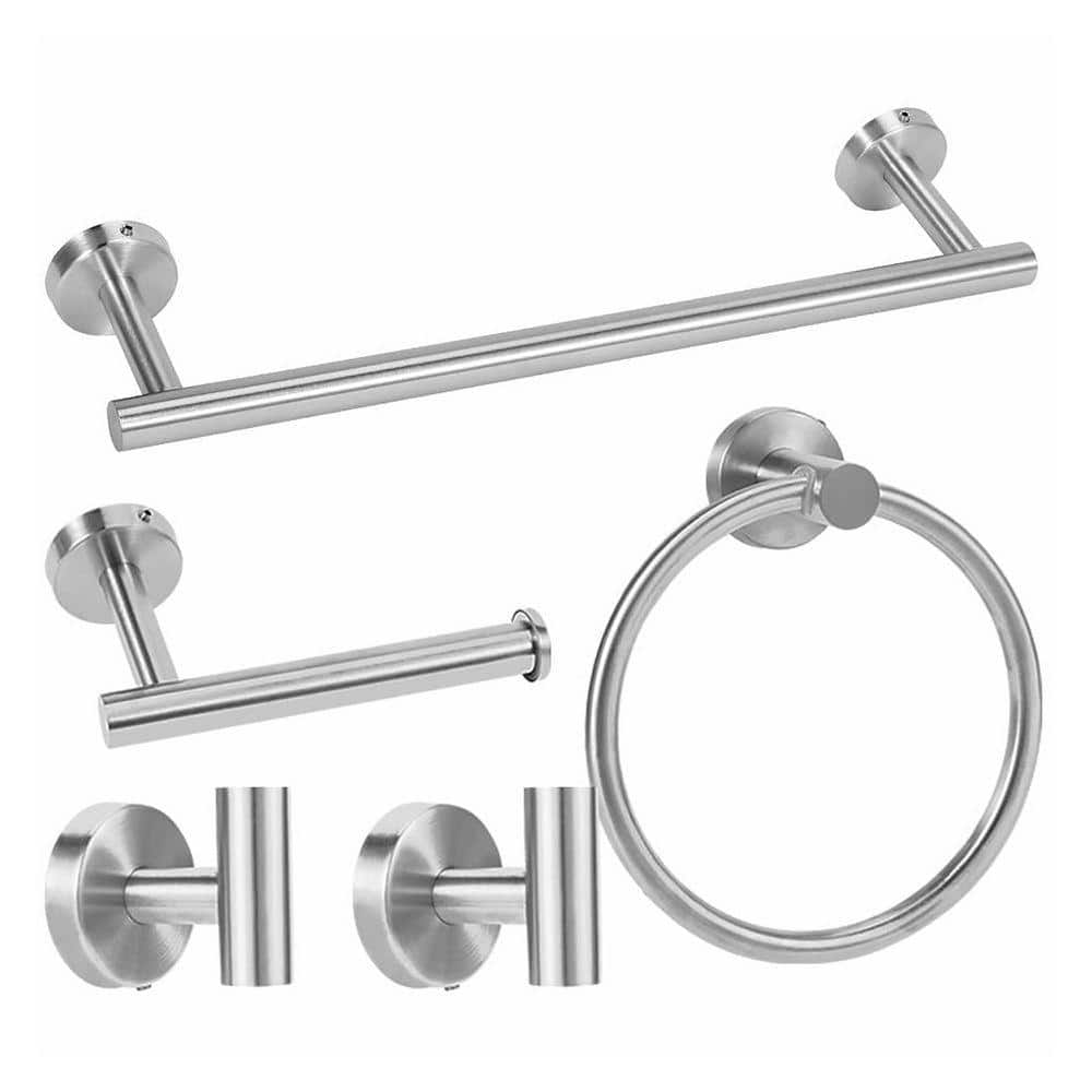 JFVKAF 5-Piece Bathroom Hardware Set with Towel Bar, Towel Ring, Toilet Paper Holder, 2 Robe Hooks in Silver (1)