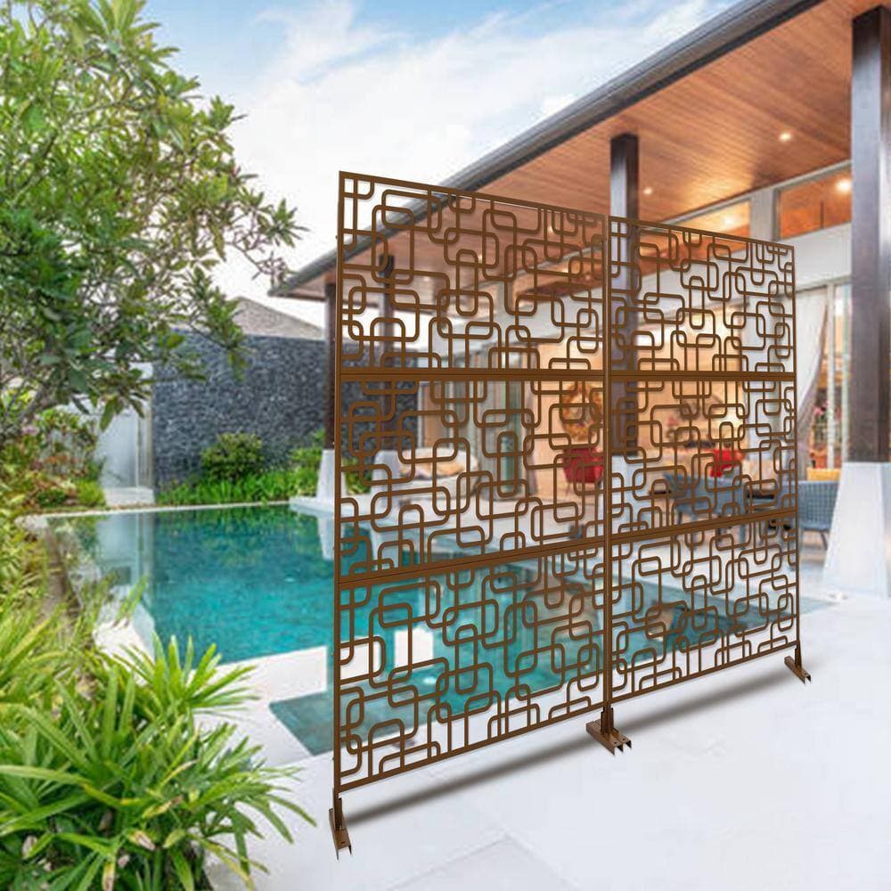 Zeus & Ruta 6.3 ft. H x 4 ft. W Brown Metal Privacy Screen Freestanding Decorative Privacy Fence Panels for Garden (3- Panels) (2)