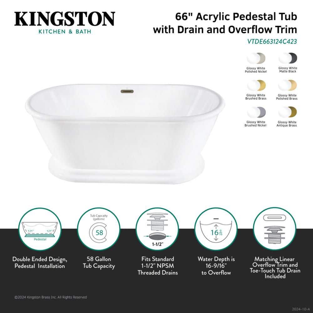 Kingston Brass Aqua Eden 66 in. x 30.5 in. Acrylic Flatbottom Soaking Freestanding Bathtub in Glossy White/Brushed Nickel with Drain (2)